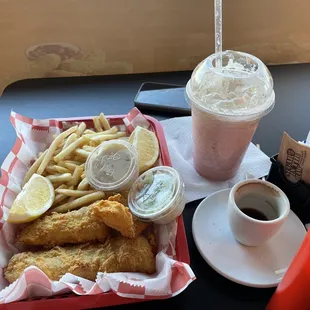 The fish friday deal and a strawberry shake and an expresso