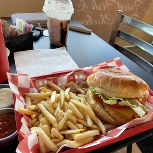 Buffalo ranch chicken sandwich and chocolate shake w/ extra sauces on the side.