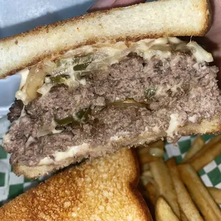 Patty Melt- Texas toast cheeseburger that comes with Jalapeños onions and cheese