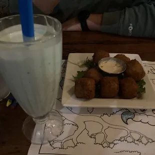 Mac and cheese bites and Oreo mint milkshake