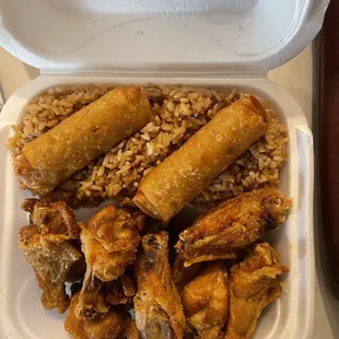 Lemon peeper wings fried rice with egg rolls