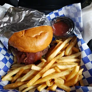 a basket of fries and a sandwich