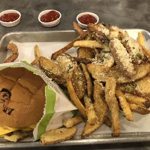 Cheeseburger and herb and Parmesan fries