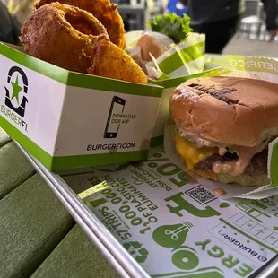 Hamburger, kids burger and onion rings