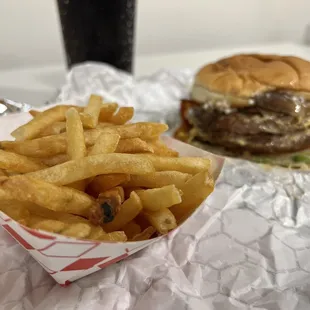 a hamburger and french fries