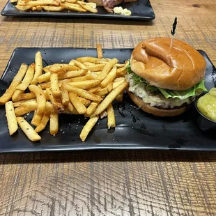 Mushroom and Swiss cheese burger (extra pickles on the side!)