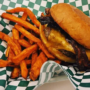 Cowboy BBQ burger with sweet potato fries!