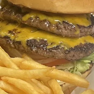 a hamburger and french fries