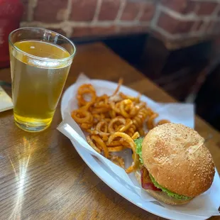 Bacon Cheeseburger, I can't remember the beer but it was a cider. Super delicious and strong!!!