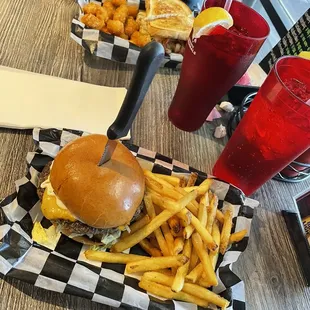 Classic burger no onion, fries. Chicken club sandwich, tots.