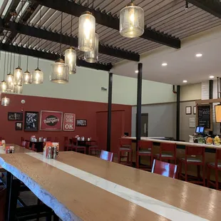 View of restaurant interior and bar area.