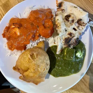 Butter Chicken and Steamed Basmati Rice, Garlic Naan, Palak Paneer, Samosa