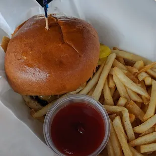 Cheeseburger with bacon, and fries.