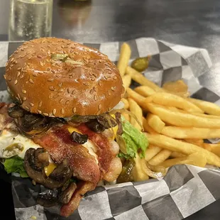 The Apollo with addtl' toppings (grilled onions, mushrooms, bacon, fried egg, and avocado)