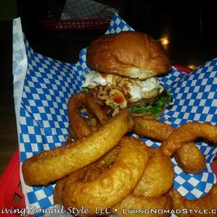 Cowboy burger with onion rings.