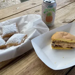 Smash burger, beignets, and a pineapple soda.