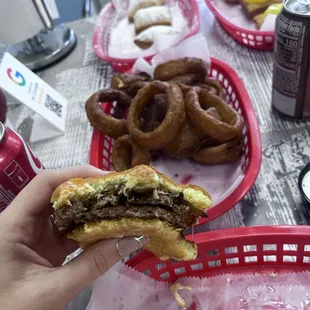 Grilled Mushroom &amp; Swiss Smash Burger and Onion Rings