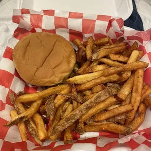 a hamburger and french fries