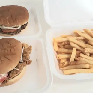 Hamburger, Pork Chop Sandwich, and Fries.