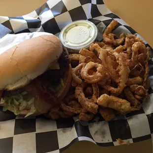 Burger basket with onion strings.