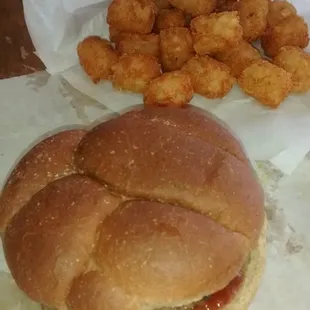 Jumbo mushrooms bacon swiss burger with tots and a rootbeer