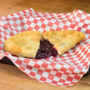 Black Berry Fried pie made from scratch.

8oz Pie roughly 8" wide by 4" tall