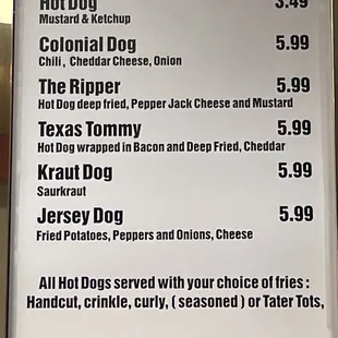 Hot dogs menu