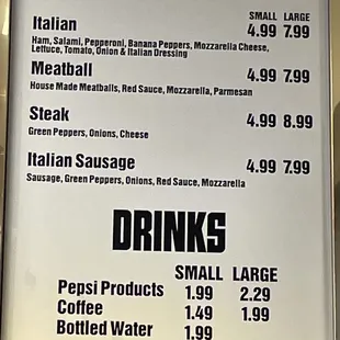 Sub sandwiches and drinks menu