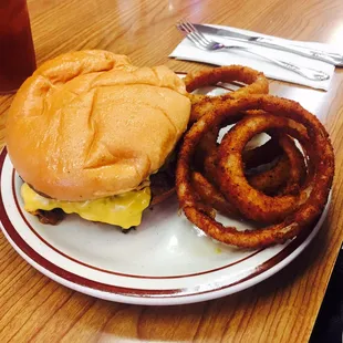 Yummy burger, onion rings were pretty good too