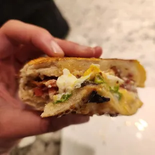 a hand holding a sandwich