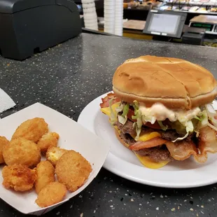 a burger and tater tots
