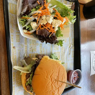Burger and side salad