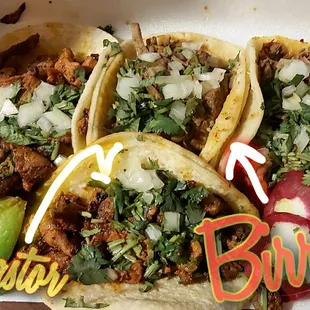 Two birria (beef) tacos and two al pastor. (Pork) I wish I could have had more!