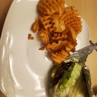 Take out: California Burger with a Lettuce wrap and steak fries