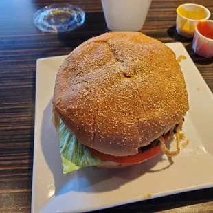 Bleu burger with onion straws. Big and yummy.