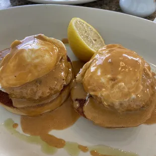 Crab and Salmon Egg Benedict