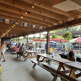 people sitting at picnic tables