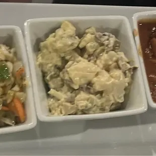 Sides for meat platter; slaw, potato salad and baked beans