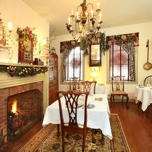 The inn's dining room, full of individual tables for your comfort and privacy.