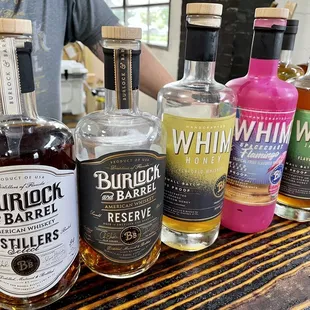 a variety of liquor bottles