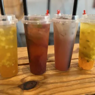 Mango Green Tea w/ Mango Star Jellies, Strawberry Mojito, Rose Tea Latte, Tropical Paradise w/ Mango Popping Boba