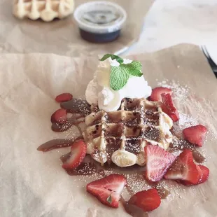 Strawberry shortcake waffles!!! It comes with a cookie butter sauce