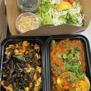 Colorful Tea leaf salad, Basil lemongrass chicken, and Egg and Okra Curry