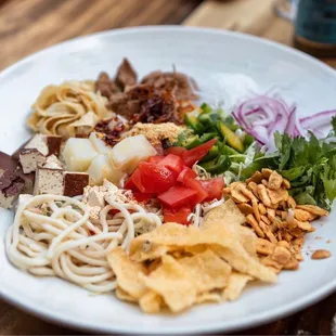 Rainbow Salad - 22 ingredients, including tofu, noodles, fried garlic, fried onions, chickpeas, green papaya, tamarind vinaigrette dressing