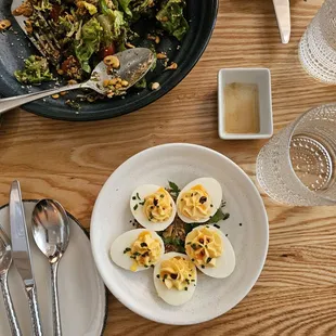 Left- tea salad. Middle, devilled eggs