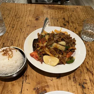 Coconut rice and lamb kebat