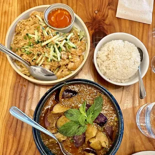 Garlic noodles, eggplant curry