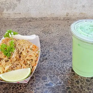 Noodle salad and creamy soda