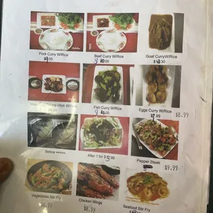 a menu for a variety of dishes