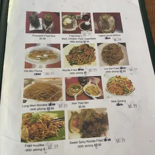 a menu for a variety of dishes